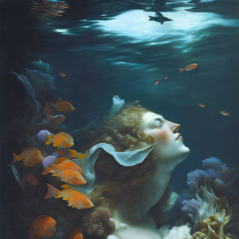 Woman in underwater scene with fish, coral, and light reflections