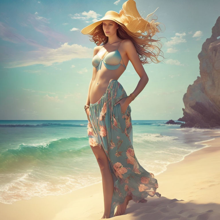 Woman in bikini and wide-brimmed hat at beach with flowing hair.