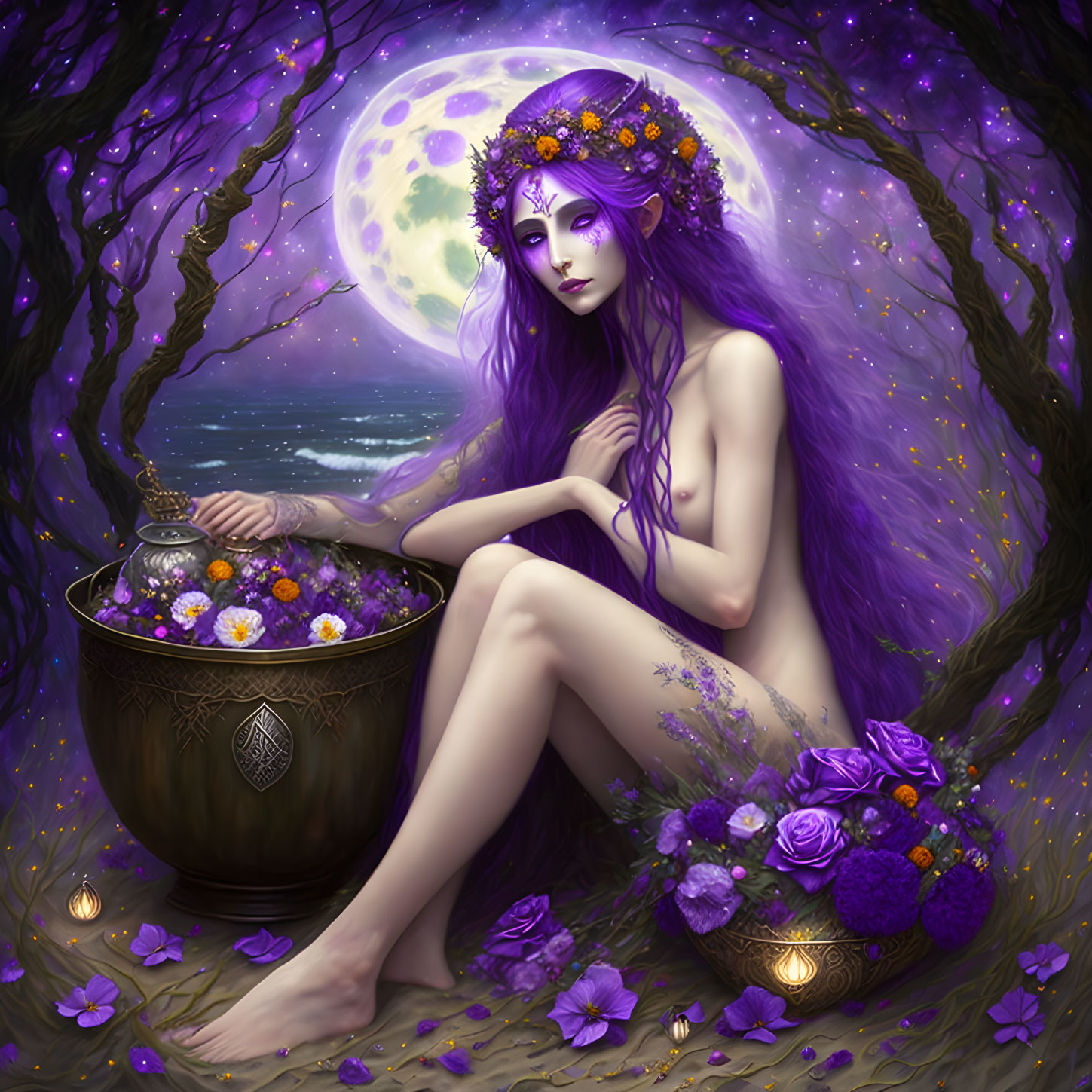 Purple-haired woman by cauldron under full moon in mystical setting