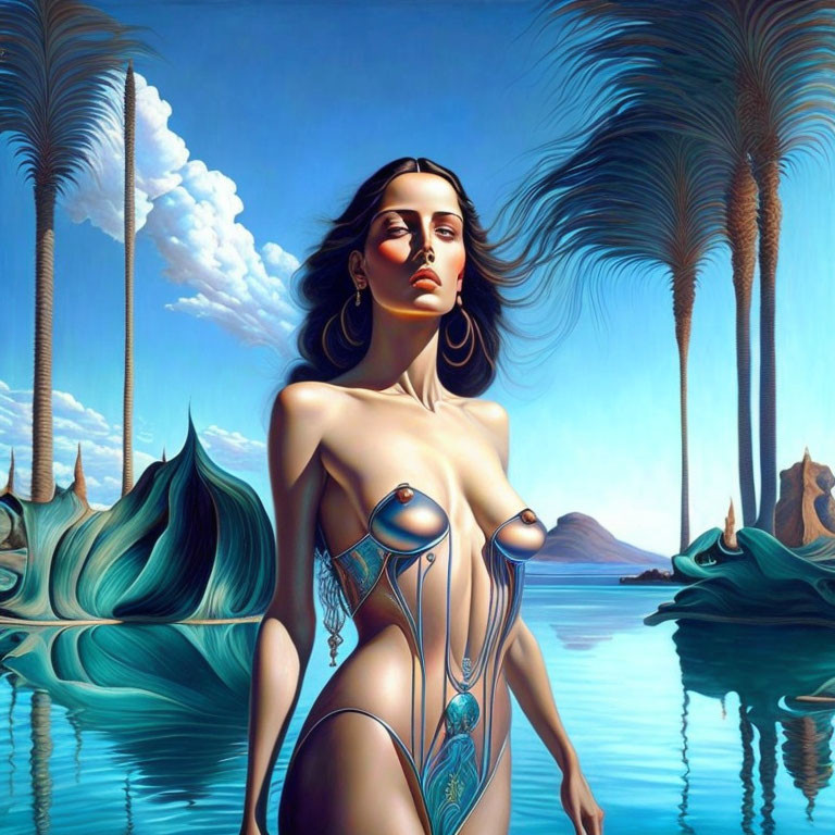 Woman in ornate bodysuit against serene blue background with stylized trees and water.