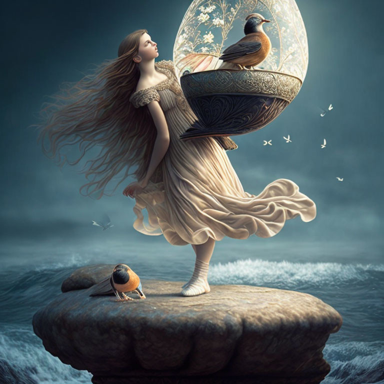 Levitating woman in flowing dress with luminous globe and birds in serene blue setting