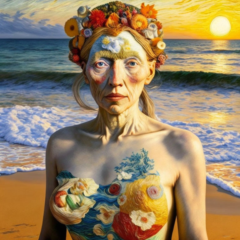 Surreal portrait merging elderly woman with Van Gogh's style on sunset beach