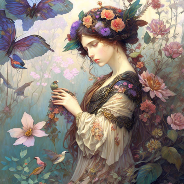 Woman in floral wreath with bird in ethereal garden full of butterflies and flowers