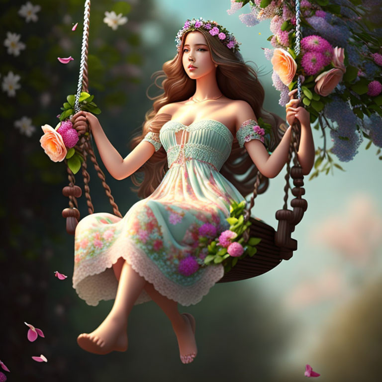 Digital artwork: Woman with long hair on floral swing in blooming flower setting