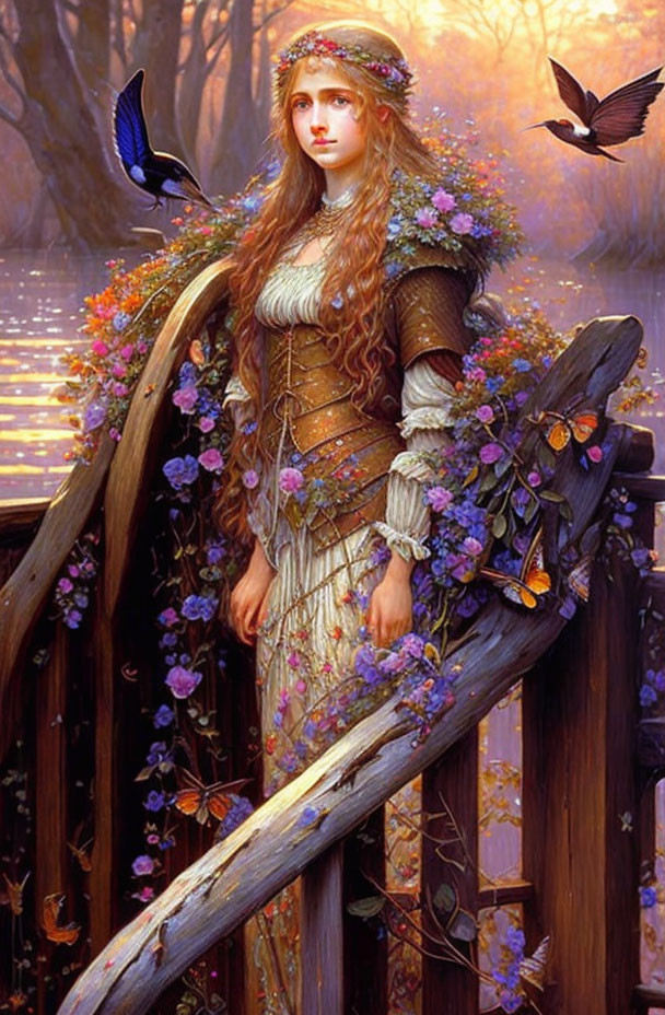 Young woman on bridge in enchanted forest with birds, butterflies, and flowers.