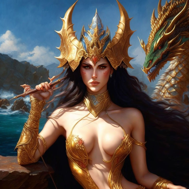 Fantasy illustration: Woman in golden armor with dragon by ocean.