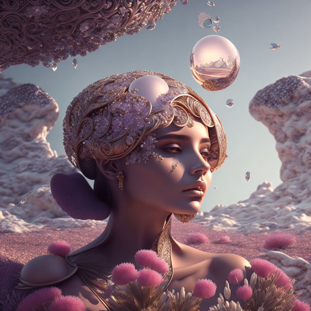 Surreal portrait of woman with ornate headgear in dreamy landscape