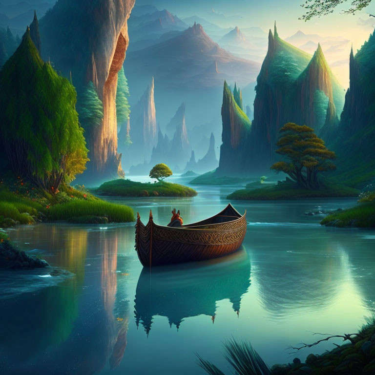 Tranquil river landscape with wooden boat, lush greenery, and mystical rock formations