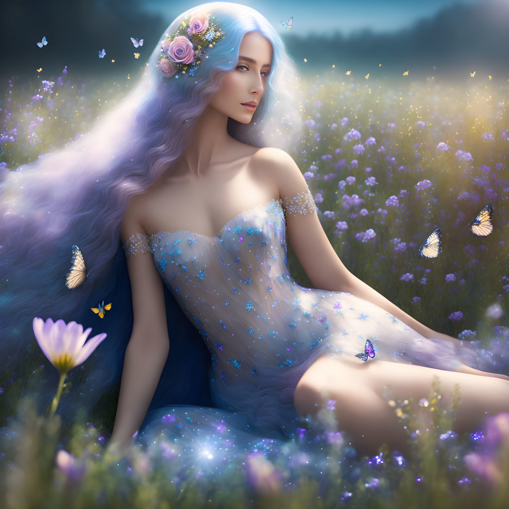 Woman with long hair and flowers in a purple flower field with butterflies.