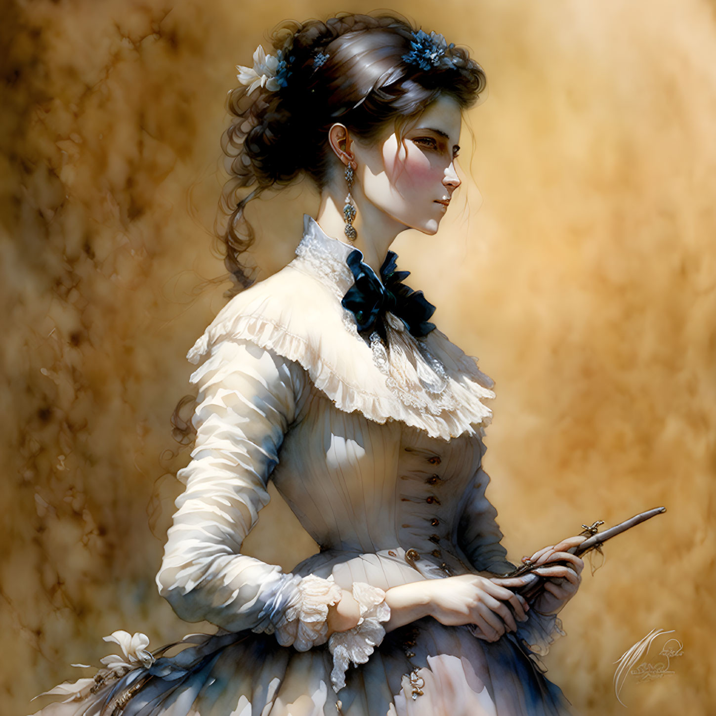 Victorian-era woman in elegant attire with feather quill