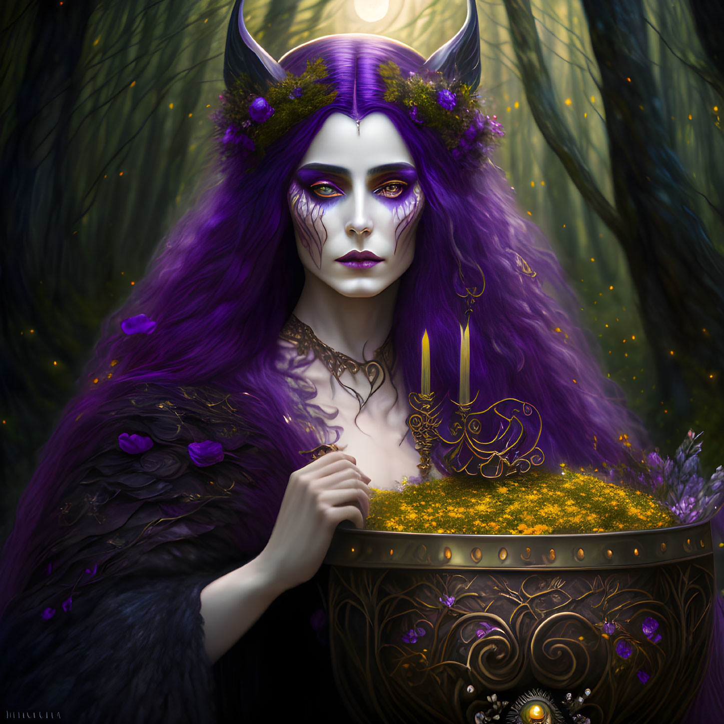 Mystical character with purple hair and horns in enchanted forest.