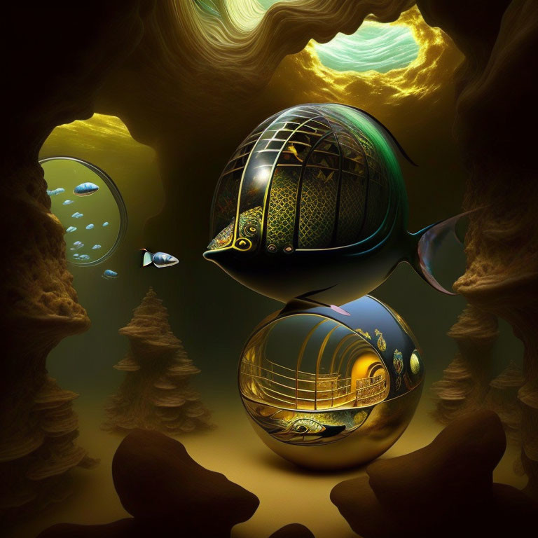 Surreal landscape with golden orbs, swimming fish, and dreamlike trees