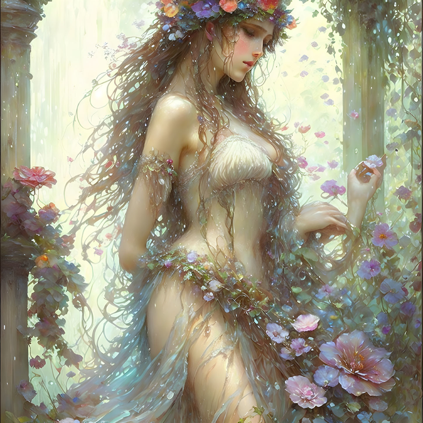 Illustration of serene woman adorned with flowers in blooming garden