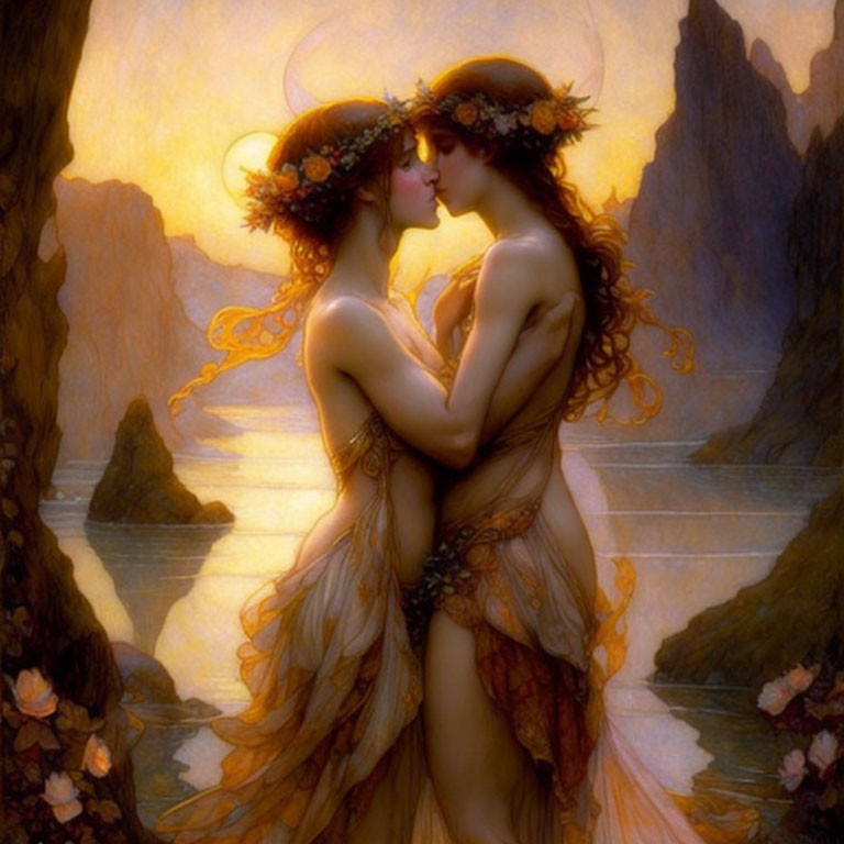 Ethereal figures with flowing hair embrace in golden landscape