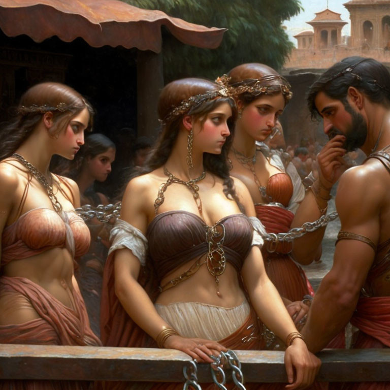 Ancient attire group linked by chain with concerned man and solemn woman