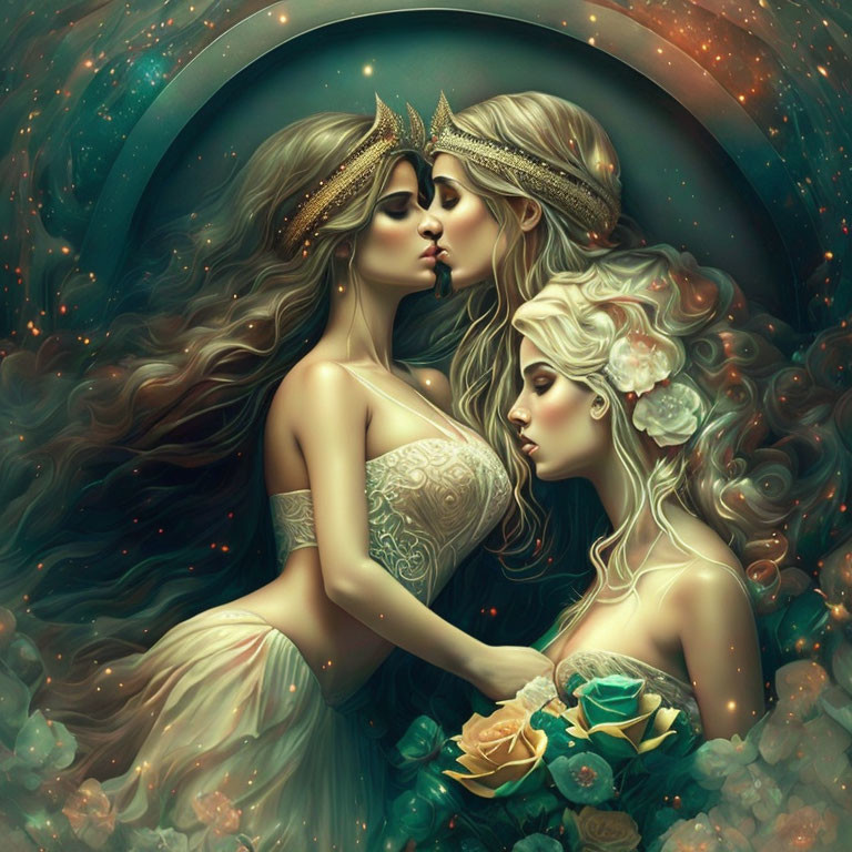 Ethereal women with elaborate crowns share a kiss in cosmic setting