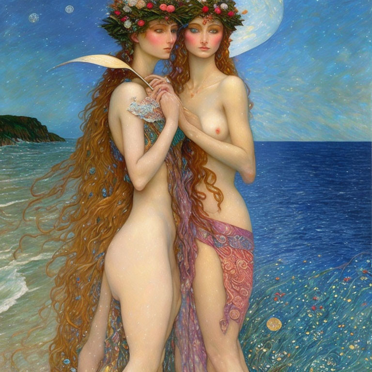 Ethereal women with flowing hair and floral crowns by the sea at night