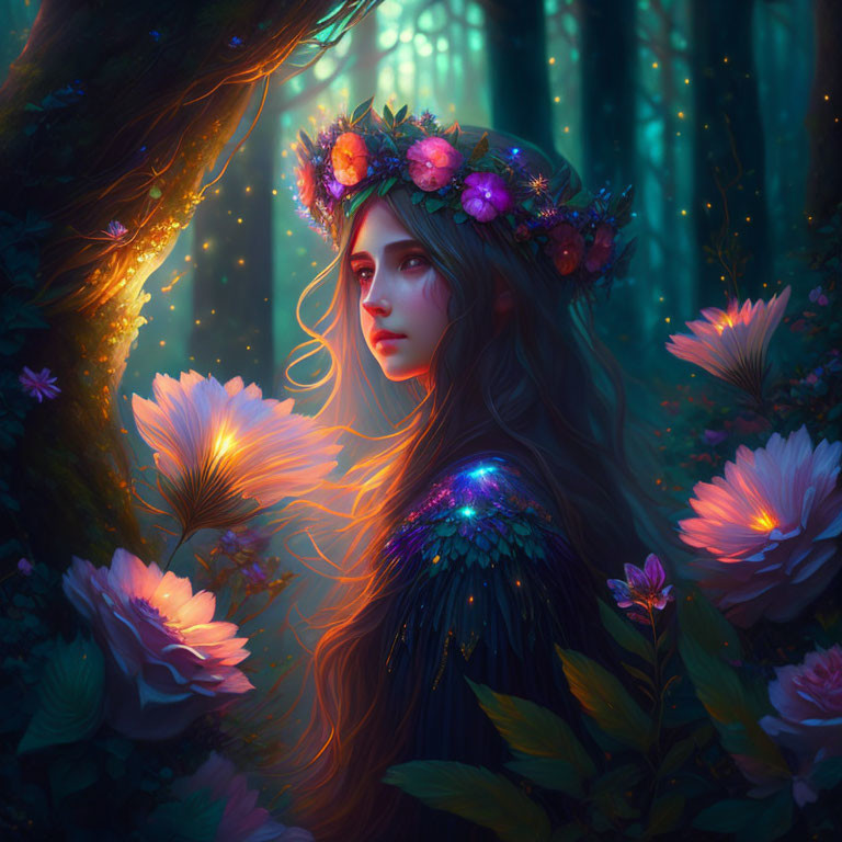 Mystical woman with floral crown in enchanted forest surrounded by glowing flowers and fireflies