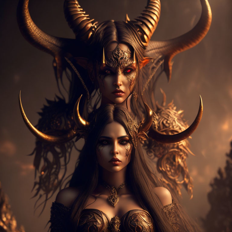 Fantasy-inspired image of two women with horns and ornate headpieces