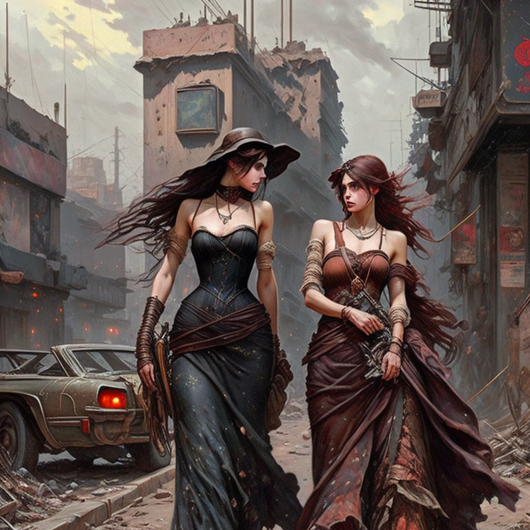 Two women in elegant gothic attire in urban landscape with old car