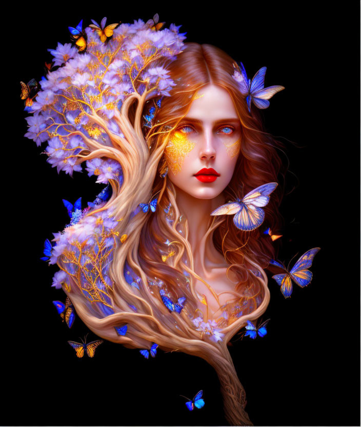 Digital artwork: Woman with tree-like hair, flowers, butterflies on dark background