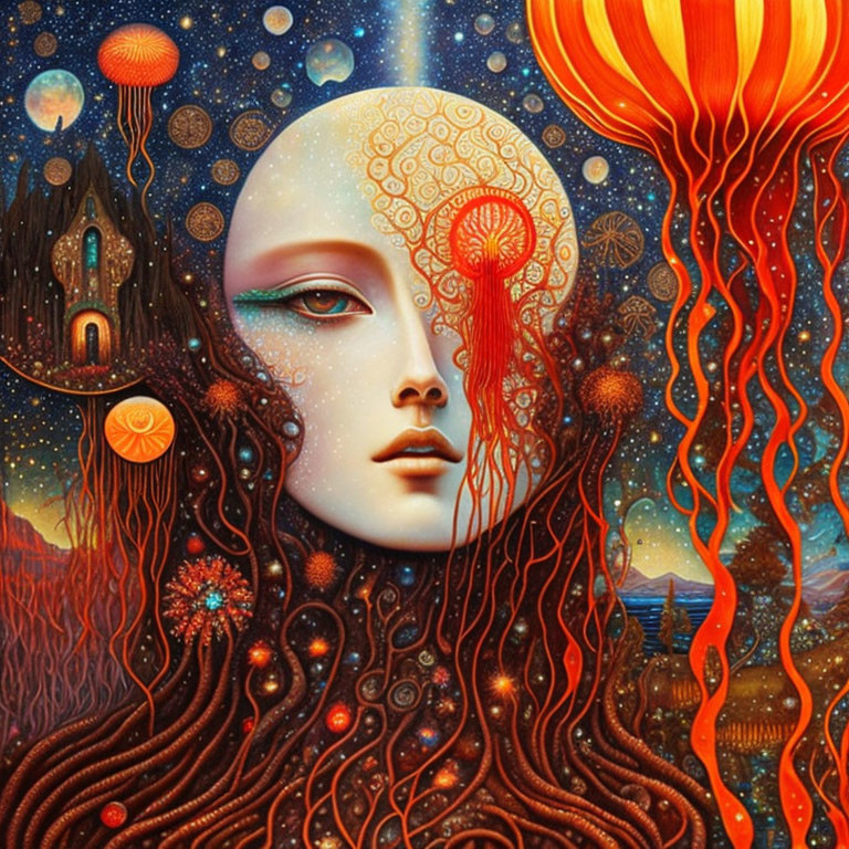 Bald female figure with landscape hair and surreal elements