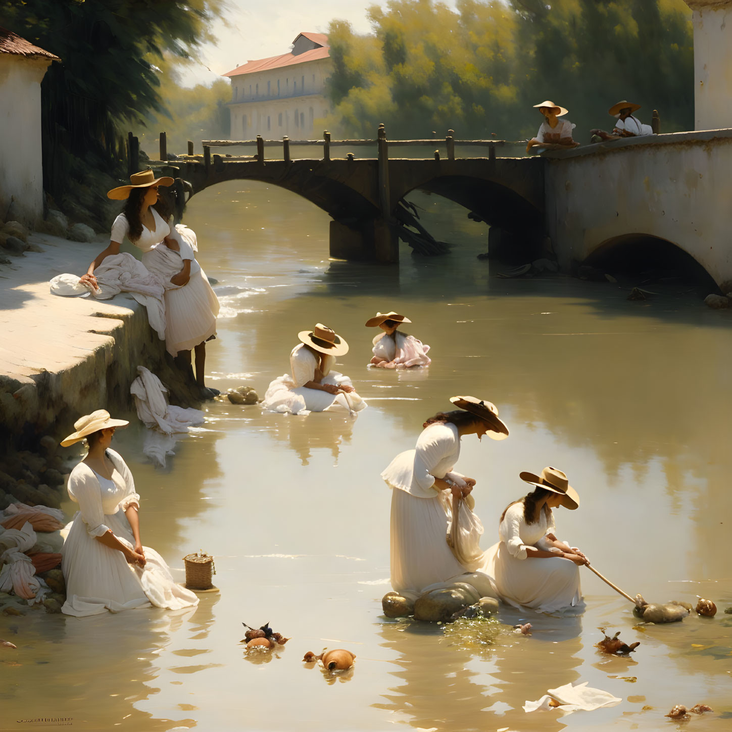 Women in white dresses washing clothes by river with ducks and stone bridge