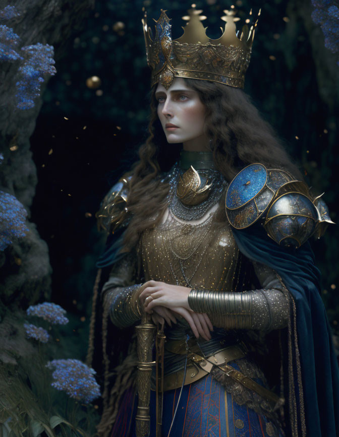 Regal figure in ornate armor and crown in mystical forest with glowing elements