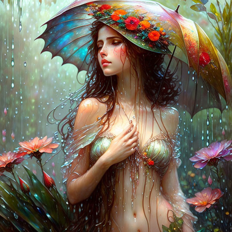 Fantasy-themed illustration of woman with colorful flower umbrella