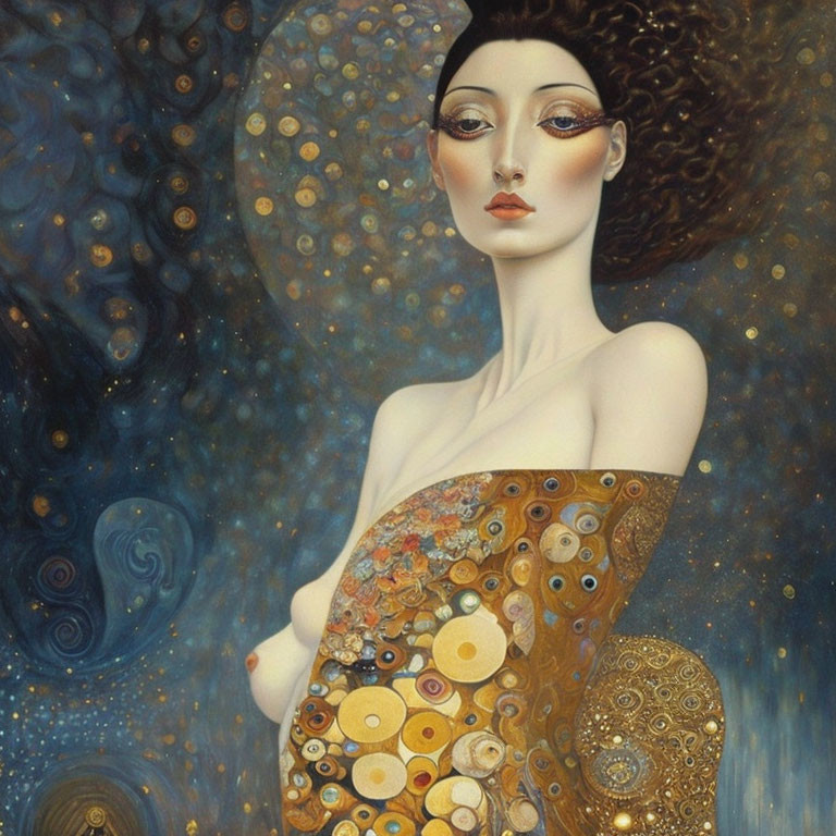 Surreal portrait of woman with golden circle mosaic on swirling blue backdrop