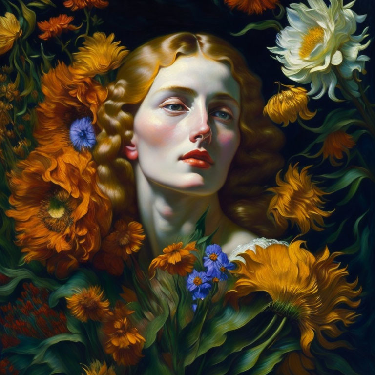 Golden-haired woman surrounded by vibrant flowers on dark background