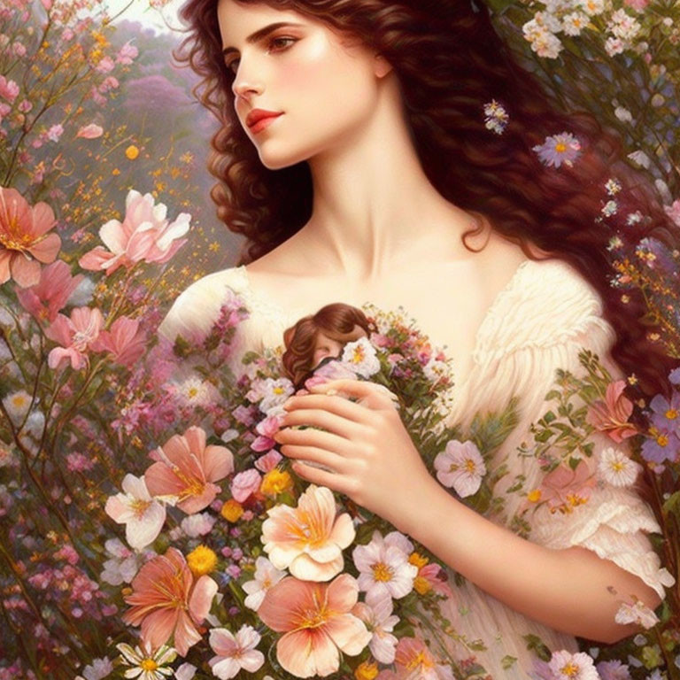 Woman with Wavy Hair Surrounded by Colorful Flowers in Serene Ambiance