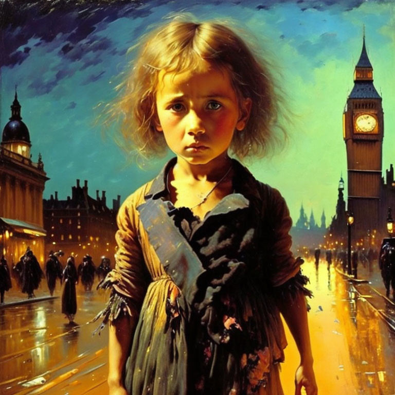 Young girl in tattered clothes with city street and Big Ben in background