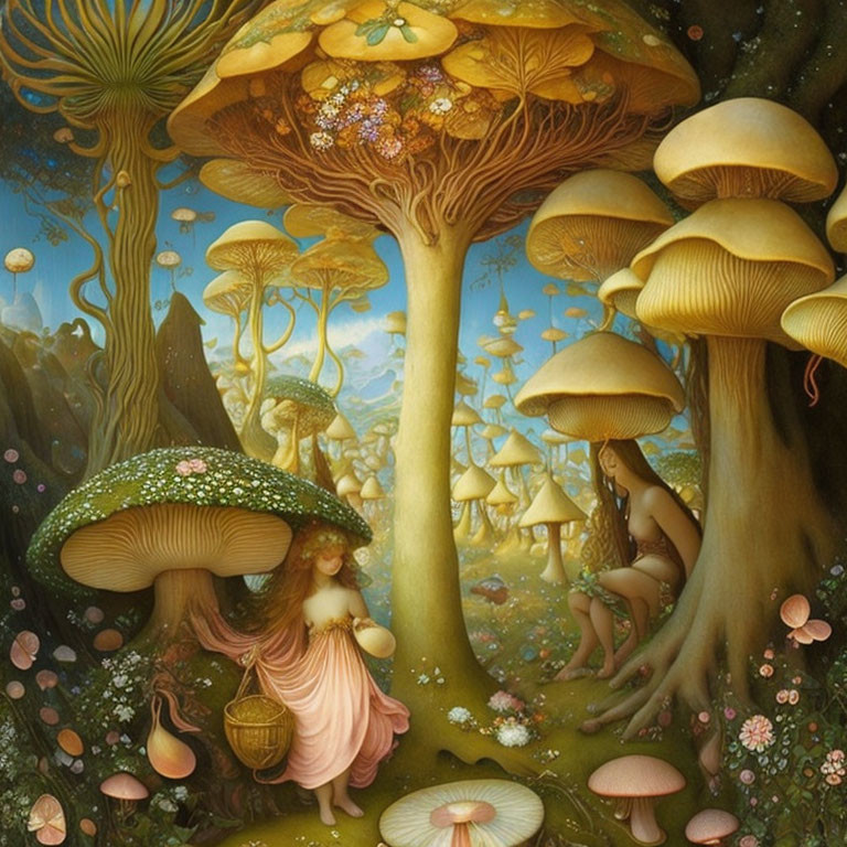 Fantastical oversized mushrooms and trees with ethereal figures in a colorful forest