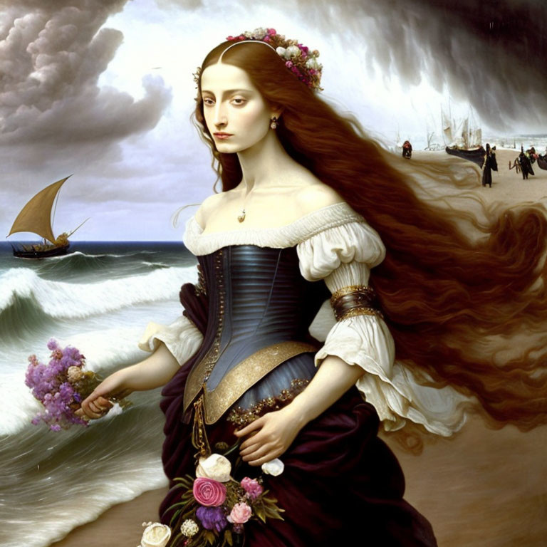 Surreal painting: Woman with red hair, corset dress, holding flowers, stormy sea