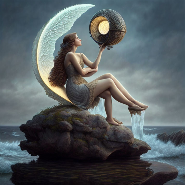 Fantastical artwork: Woman with crescent moon pouring water into sea