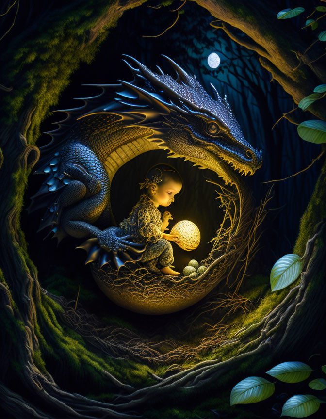 Dragon encircling child in glowing egg in moonlit forest.