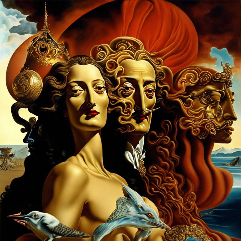 Surreal painting of elegantly dressed figures with intertwined faces and birds by the sea