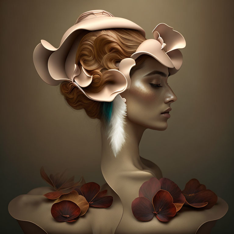 Elegant woman with flower hat and feathers in stylized portrait