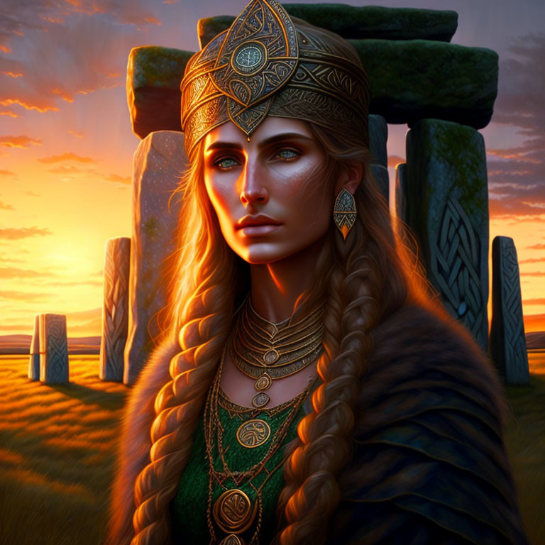 Female figure in Celtic jewelry at Stonehenge sunset