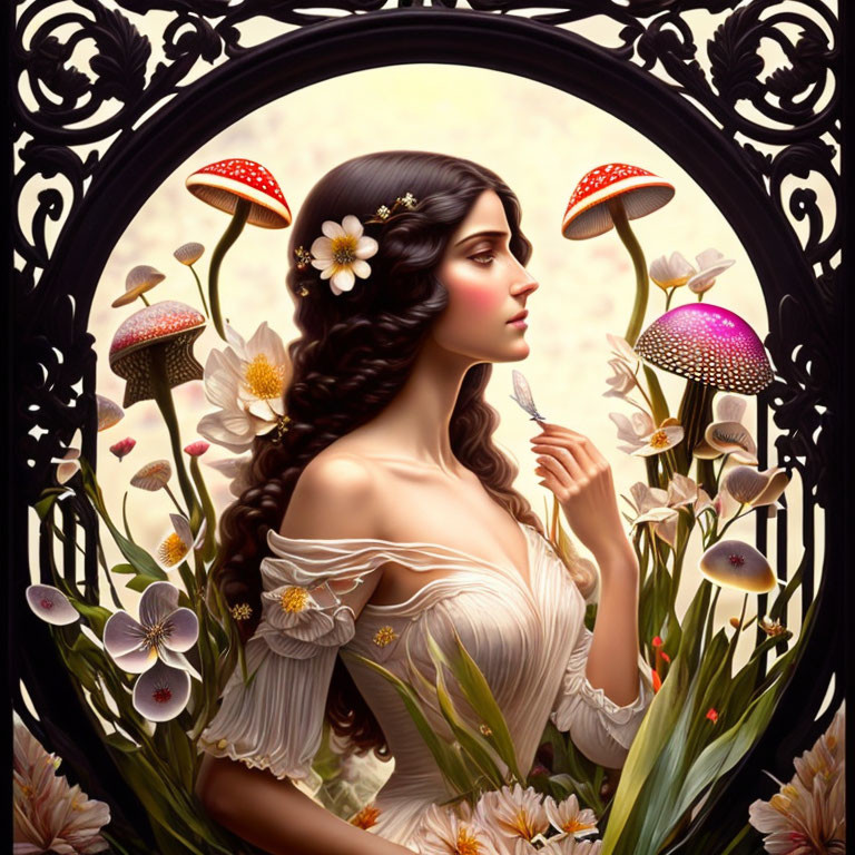 Contemplative woman with flowers and mushrooms in fairytale setting