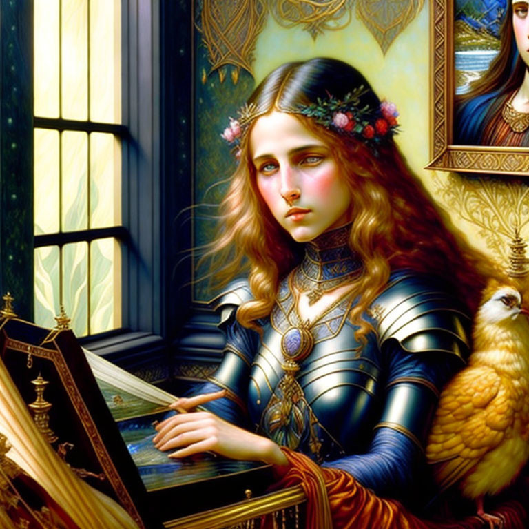 Fantasy illustration of young woman in ornate armor reading book with owl.