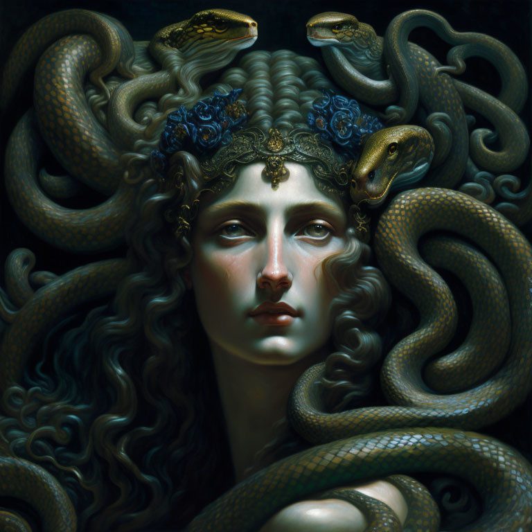 Medusa depiction with serpents, intense gaze, and ornate headpiece on dark backdrop