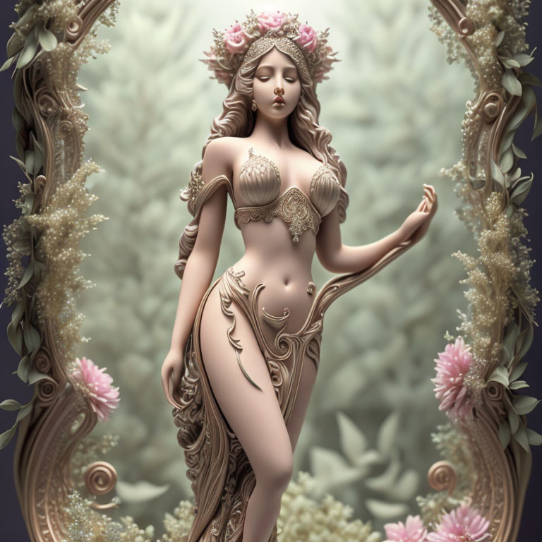 Ethereal female figure with floral adornments in decorative frame