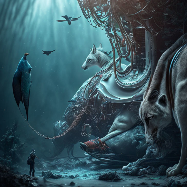 Surreal underwater scene with diver, lion, wolf, birds, and intricate mechanical structure