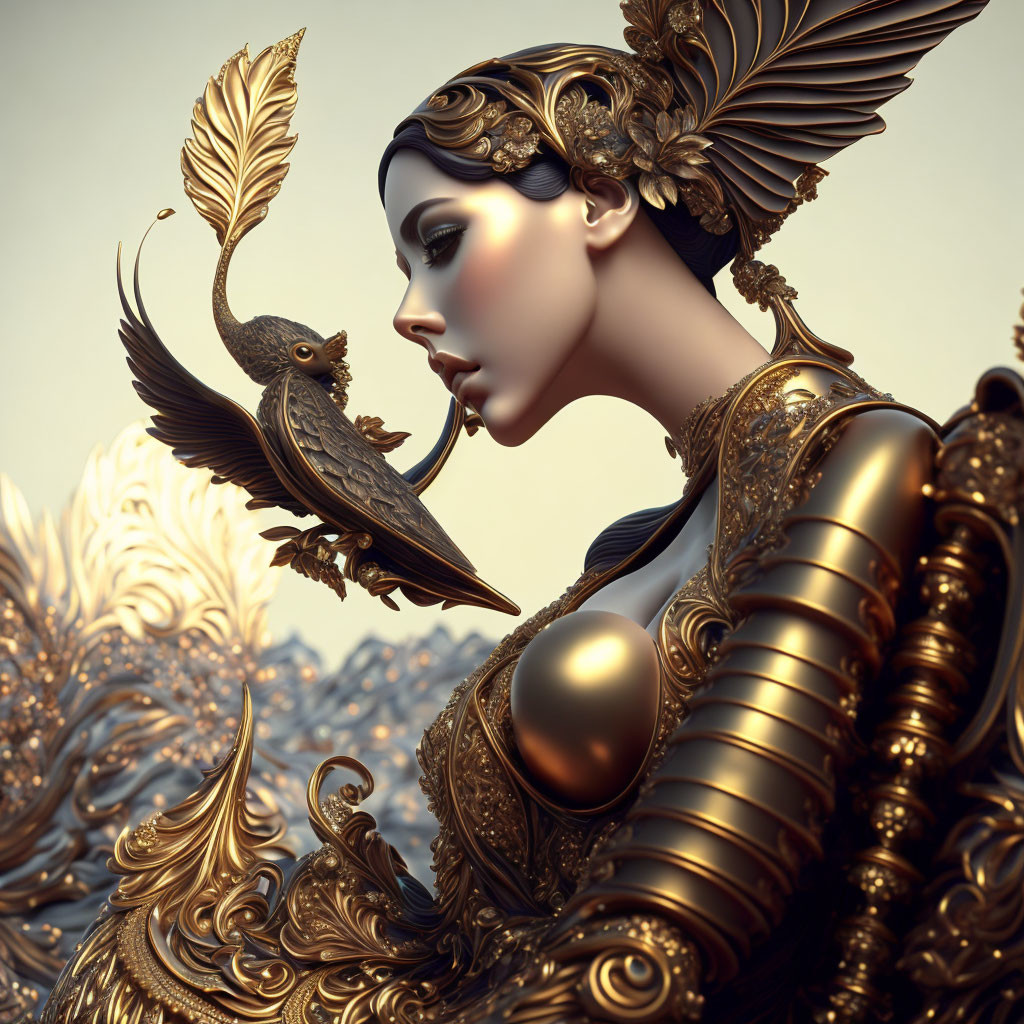 Golden fantasy figure in ornate armor with feathered details and bird on soft background