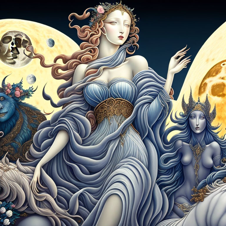 Ethereal women in intricate gowns with celestial motifs on a moonscape with a mythical blue creature