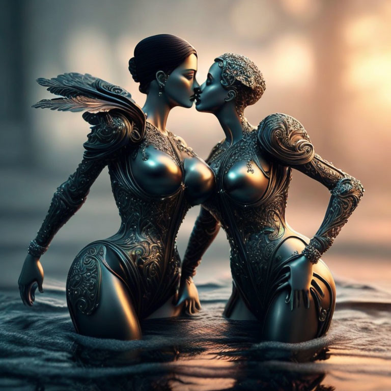 Metallic female figures in close embrace with intricate designs on soft background