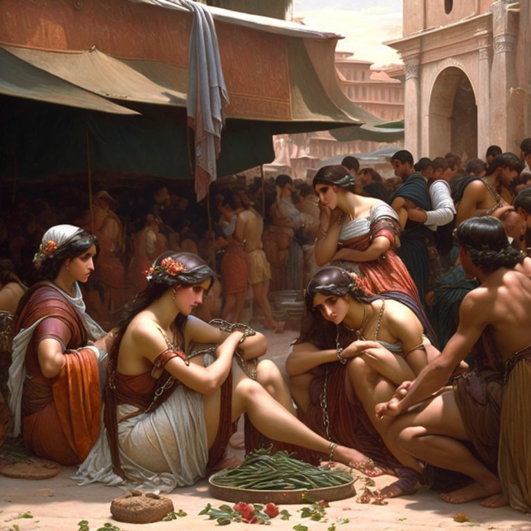 Classical painting of women in ancient attire at a bustling market