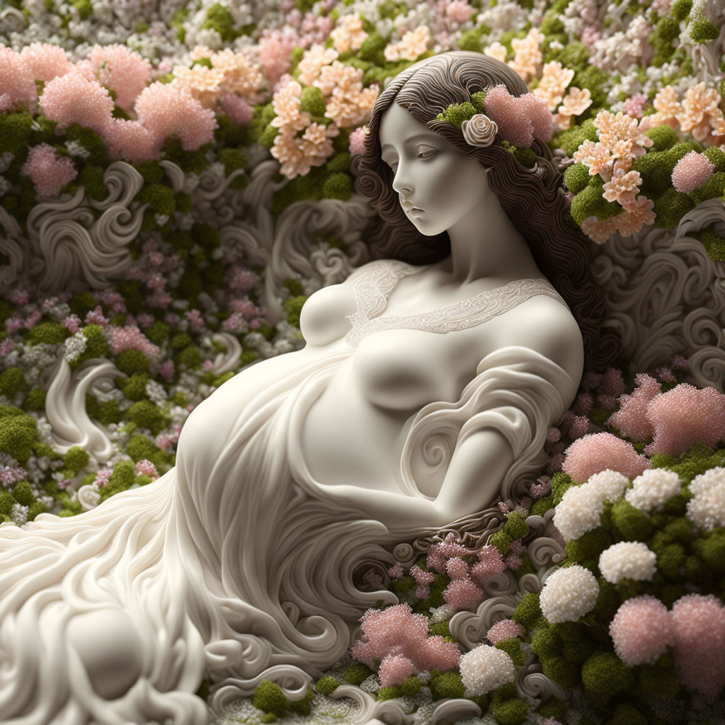 Detailed sculpture of serene woman in floral setting